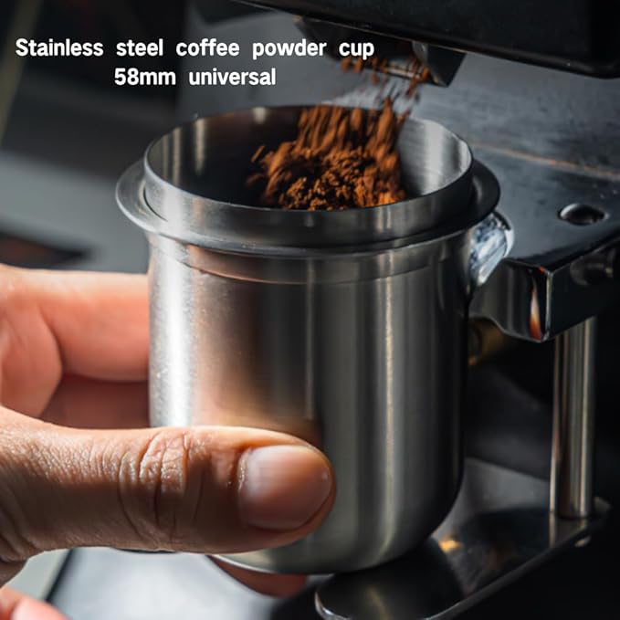 Premium Stainless Steel Coffee Dosing Cup, 58mm Compatible with Portafilters, Black Gray Finish for Espresso and Cafe Use
