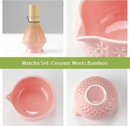 Matcha Whisk Set Matcha Kit: Ceramic Matcha Bowl, Matcha Whisk Holder, Bamboo Whisk(Chasen), Bamboo Scoop, 4Pcs Matcha Tea Set for Matcha Lover, Family Christmas Birthday Gift (Pink)