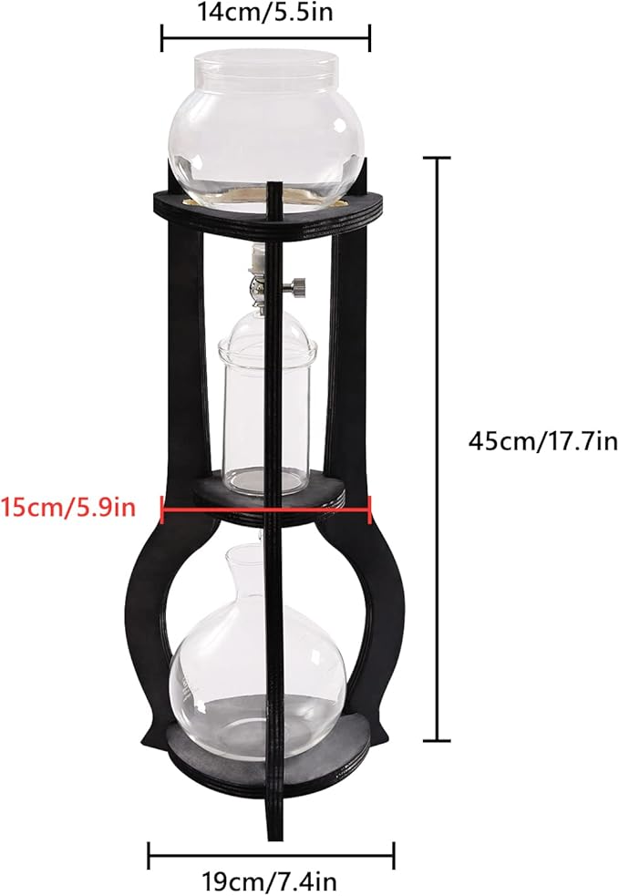 Iced Coffee Cold Brew Drip Tower Coffee Maker, Wooden Ice Coffee Machine, Stainless Steel and Borosilicate Glass, Long Neck Sharing Pot, with Measuring Spoon (Brown)