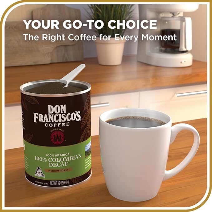 Don Francisco's Premium Decaf Colombia Supremo Ground Coffee: Rich, Aromatic 100% Arabica Beans - Family Crafted Flavored Coffee for a Delightful Morning Brew (12 oz Can)