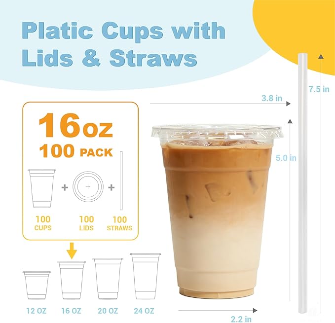Coolcap 16 oz 100 Pack Disposable Clear Plastic Cups with Lids and Straws, Food Safe Bulk Iced Coffee Cups for Smoothies, Milkshakes and Other Cold Drinks