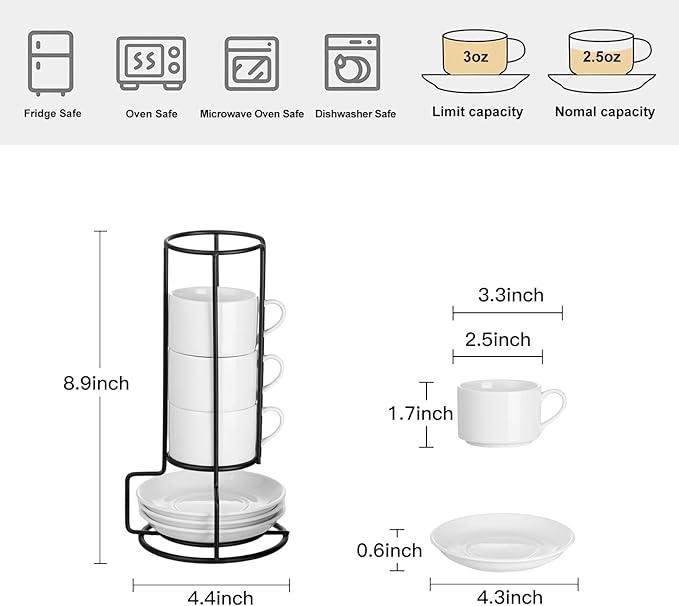 Meichu 2.5oz Porcelain Stackable Espresso Cups with Saucers and Metal Stand Set of 4, Stackable Espresso Cups Set of 4, White Expresso Shots Cup Set for Cappuccino, Coffee Drinks, Latte, Tea