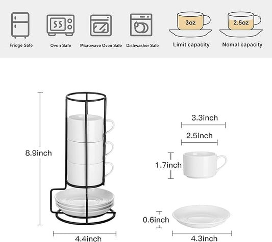 Meichu 2.5oz Porcelain Stackable Espresso Cups with Saucers and Metal Stand Set of 4, Stackable Espresso Cups Set of 4, White Expresso Shots Cup Set for Cappuccino, Coffee Drinks, Latte, Tea