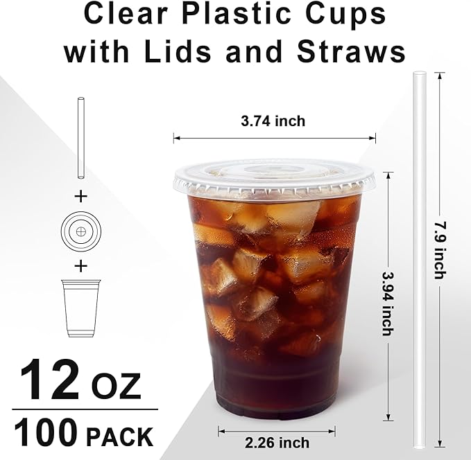 Clawsoff 12 oz 100 Pack Plastic Cups with Lids and Straws, Sturdy Food Safe Iced Clear Coffee Cups Disposable Smoothie Cups for Cold Drinks