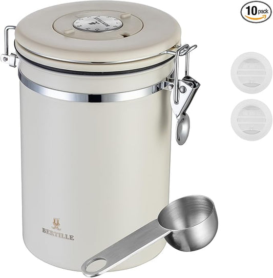 BERTILLE Stainless Steel Coffee Canister,22oz Kitchen Food Storage Container with Date-Tracker, CO2-Release Valve and Measuring Scoop for Grounds Coffee, Beans, Tea, Flour, Cereal, Sugar（Large,Cream）