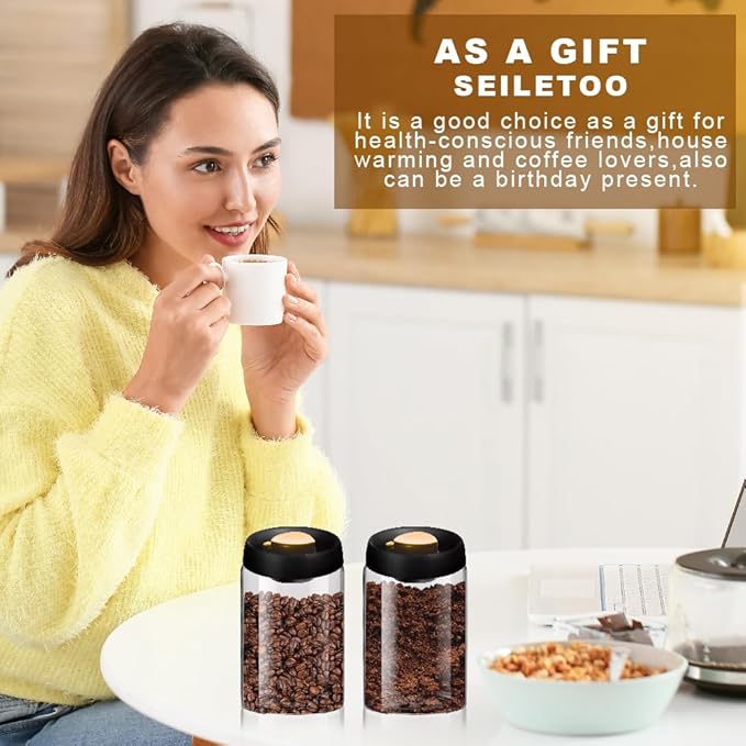 2PCS Vacuum Coffee Canisters with Airtight Lids and Wooden Spoons for Coffee, Borosilicate Glass Mason Jars Vacuum Sealer Kit, Grounds Coffee Bar Accessories for Tea, Beans, Spices, Sugar, 1200ml