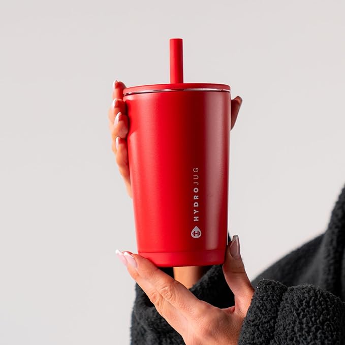 HydroJug Everyday Tumbler 20 oz – Ceramic-Lined Insulated Tumbler with Straw and Soft-Touch Lid, Cup Holder Friendly, Double-Wall Vacuum Insulation, Reusable Travel Cup – Alumni Red