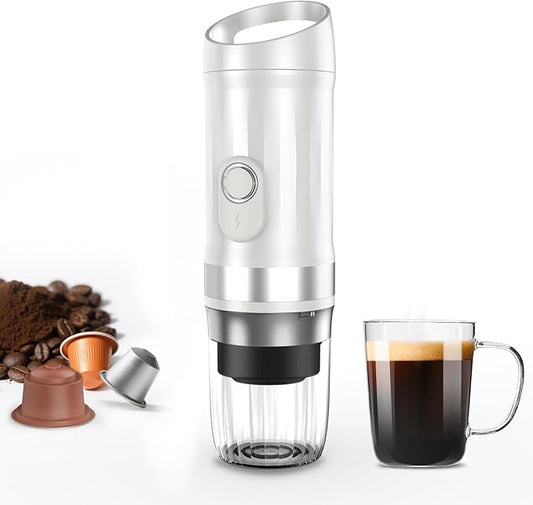 Portable Espresso Machine 3Minute Auto Heat12V Rechargeable Electri Coffee Maker 20 BaCompatible with NS DG Capsules and GroundCoffee for Camping, Travelling RVing HikingandOffice (White)