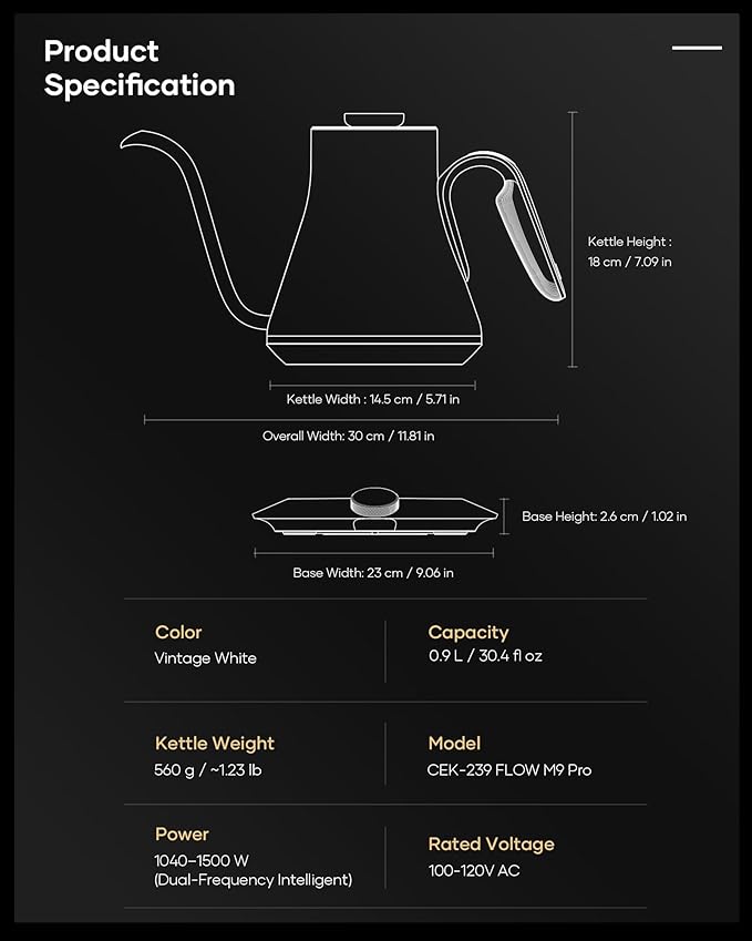 Cocinare Collab Collection Chanior White Gooseneck Electric Kettle, ±0.5℉ Precise Temperature Control for Pour-Over Coffee & Tea, Quick Heating 1500W, Stainless Steel Interior, 0.9L