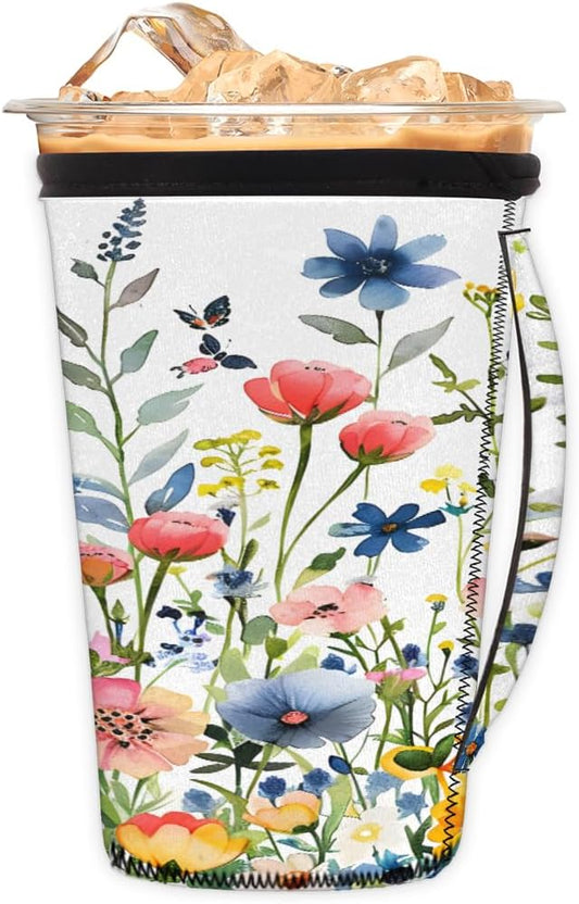 Reusable Iced Coffee Cup Sleeve Spring Flowers Neoprene Insulated Sleeves Cup Holder with handle Idea for 24oz - 28oz