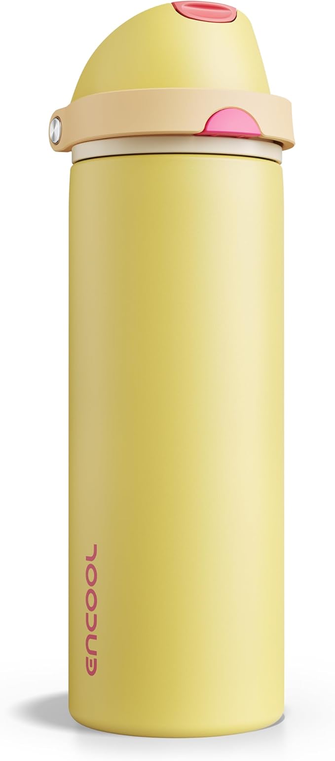 Insulated Water Bottle with Straw - Encool Stainless Steel Water Bottle with Push Button Lid, Leak-Proof & BPA-Free, Keeps Cold for 24 Hours for Sports, Travel, Gym (24 oz, Ginger)