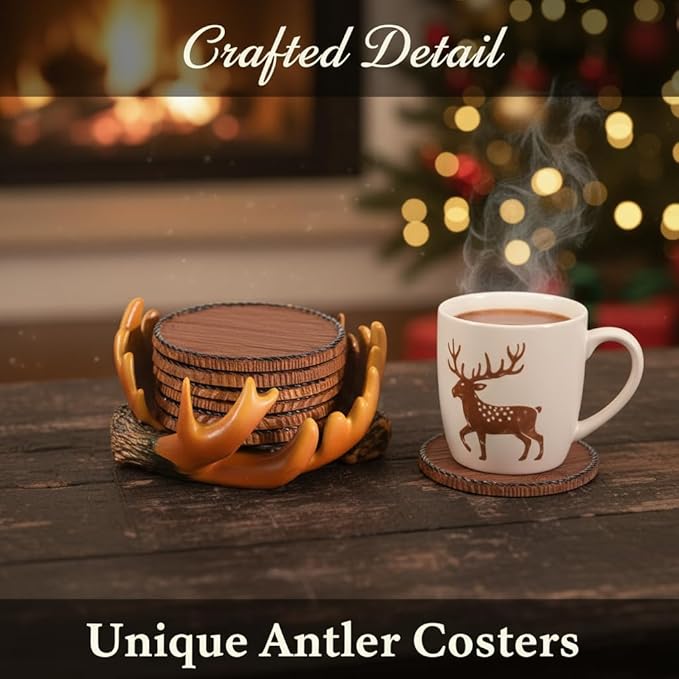 Deer Antler Coasters Set 6 Full Size Non-Slip Cabin Decor Bar Coasters, Indoor Christmas Decorations, Man Cave Gifts for Men and Deer Lovers, Rustic Handmade Cup Coaster for The Home