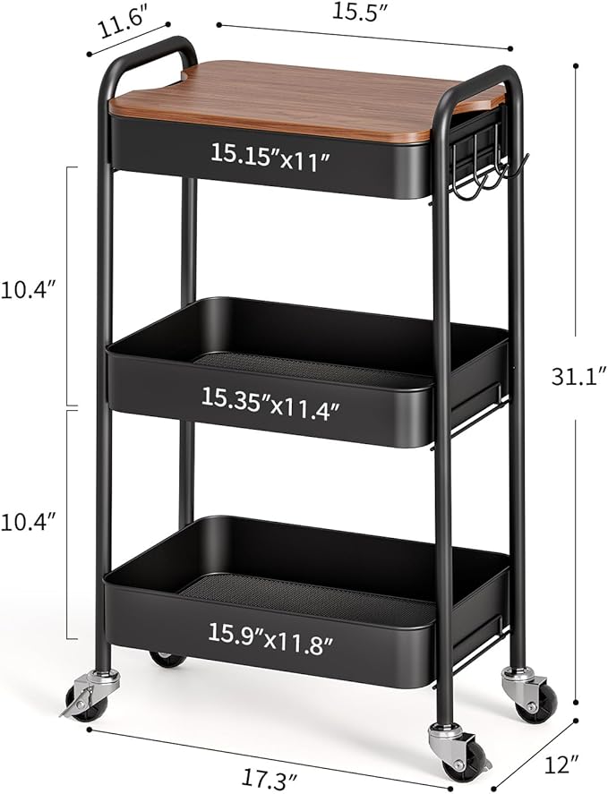 TOOLF 3-Tier Rolling Cart with Table Top, Metal Storage Cart on Wheels, Utility Organizer with Wooden Tray, Lockable Casters, Easy Assembly for Bathroom, Living Room, Office, Kitchen, Black
