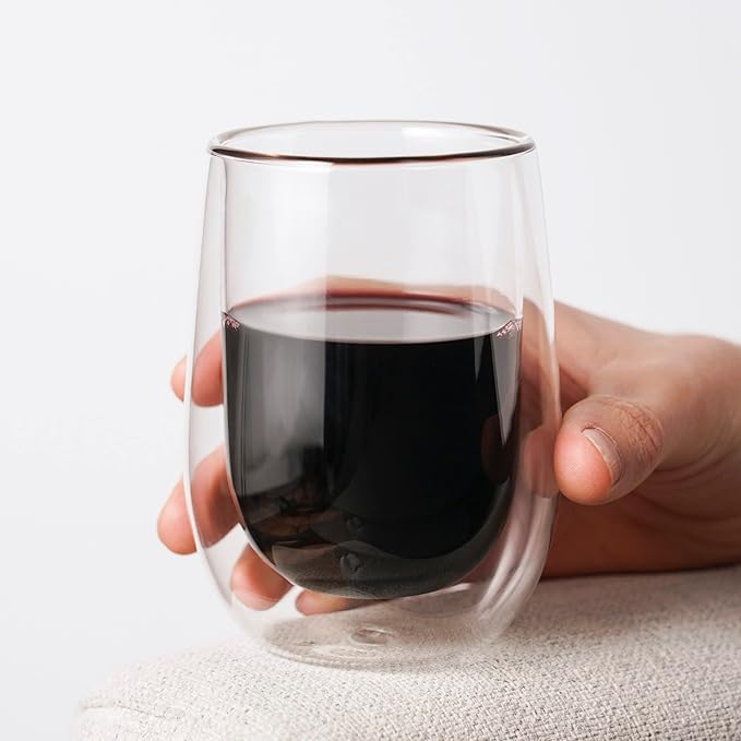 True Double Walled Stemless Wine Glasses, 10 oz Borosilicate Glass Cups for Red and White Wines, Insulated Cocktail Glasses, Clear Iced Coffee Cups, Home Bar Glassware, Wine Lovers Gifts, Set of 2
