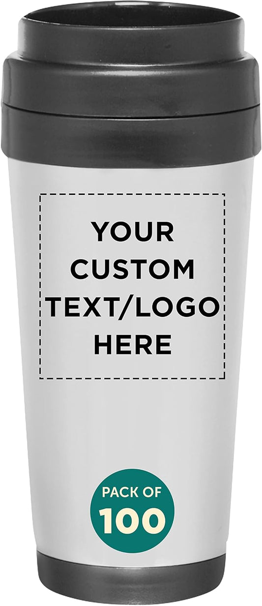 Custom Insulated Stainless Steel Travel Mugs 16 oz. Set of 100, Personalized Bulk Pack - Perfect for Iced Coffee, Soda, Other Hot & Cold Beverages - Stainless Steel