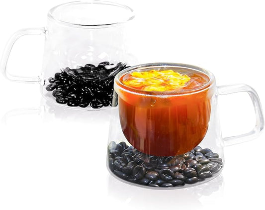 Double Walled Glass Coffee Mugs, Floating Coffee Bean Illusion Cups with Handle, 200ml Borosilicate Glass Mugs Insulated for Hot/Cold Beverages -Espresso, Tea, Latte,Cappuccino, Set of 2