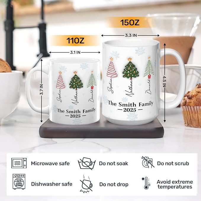 Joymade Personalized Ceramic Coffee Mug, Funny Custom Mug for Bestie, Friends, Couple, Coworker, Snowman Lovers (Family Christmas Tree Names)