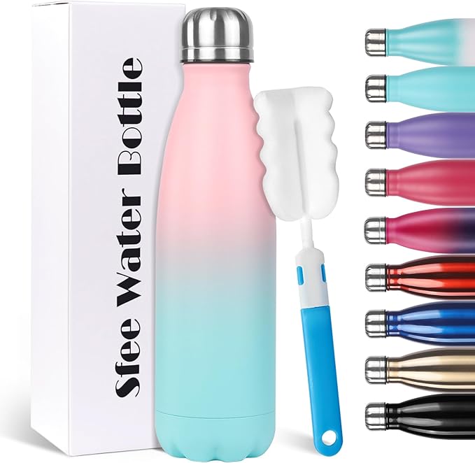 Sfee Insulated Water Bottle, 17 oz Stainless Steel Water Bottles, Double Wall Vacuum Reusable Water Bottles Leak Proof BPA-FREE Sports Bottle Cup Keep Hot&Cold for Running Gym Workout Cycling Kids
