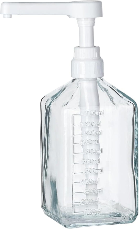 Uceoo Coffee Syrup Dispenser, Glass Syrup Bottle With Plastic Pump, 37 Oz Large Capacity Square Syrup Pump Dispensers for Coffee Bar, Simple Clear Pump Bottle for Honey, Condiments, Salad Dressings