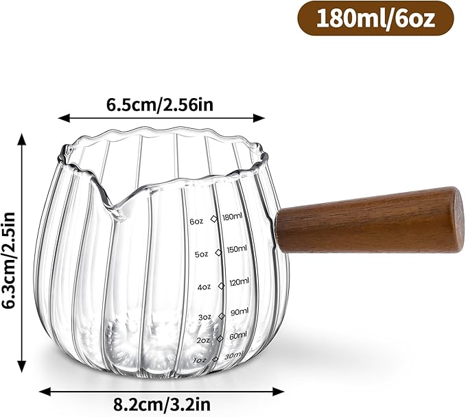 Espresso Cups 6 Oz, Espresso Measuring Cup with Wood Handle, Milk Frothing Cup, Glass Measuring Cup for Coffee, Milk, Tea or Maple Syrup Serving