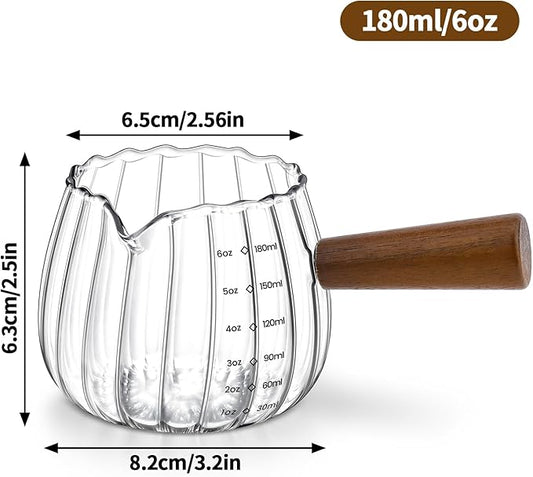 Espresso Cups 6 Oz, Espresso Measuring Cup with Wood Handle, Milk Frothing Cup, Glass Measuring Cup for Coffee, Milk, Tea or Maple Syrup Serving