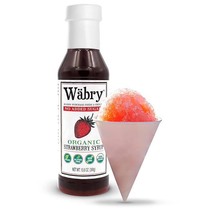 Wäbry Organic Strawberry Syrup No Added Sugar – 13.8oz (390g), Sweetened with Stevia & Erythritol, Natural Fruit Syrups for Drinks, Pancakes, Shaved Ice, Ice cream, Non-GMO, Dye-Free Snow Cone Syrup