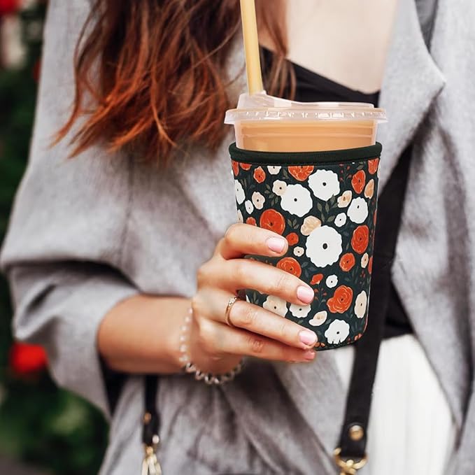 Reusable Insulated Neoprene Iced Coffee Cup Sleeve, Durable Drink Sleeve for Cold Beverages, Beverage Holder for Iced Coffee, Midnight Blooms