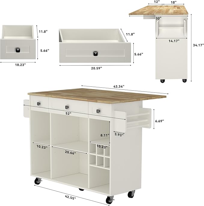 Kitchen Island with Storage, Rolling Kitchen Islands Cart with Solid Wood Countertop, Mobile Drop Leaf Kitchen Prep Table on Wheels with Wine Rack and Drawers