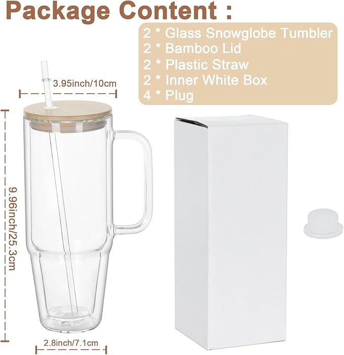 40 Oz Snow Globe Glass Cup With Handle, 2 Pack Pre-Drilled Double Wall Glass Coffee Mug For Snow Globe Diy Glitter