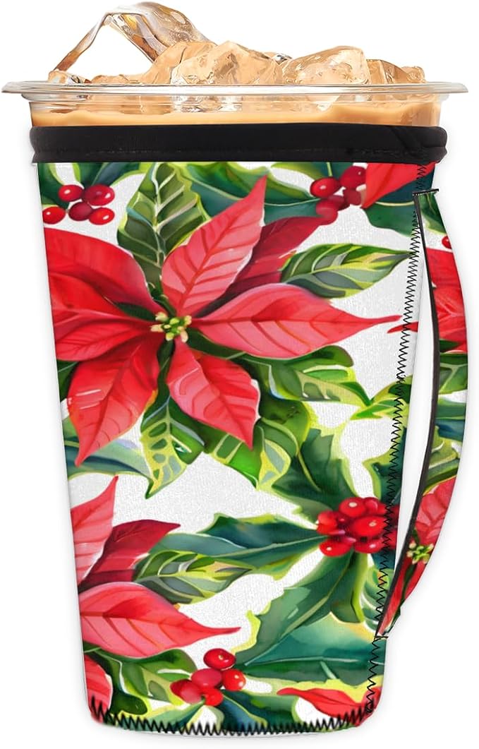 Red Poinsettia Flowers Xmas Reusable Coffee Sleeves Iced Coffee Cozy Insulator, Neoprene Holder with Handle for Cold Coffee or Ice Drink, Large 30-32oz