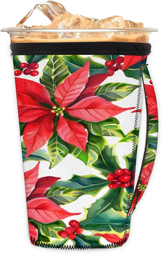 Red Poinsettia Flowers Xmas Reusable Coffee Sleeves Iced Coffee Cozy Insulator, Neoprene Holder with Handle for Cold Coffee or Ice Drink, Large 30-32oz