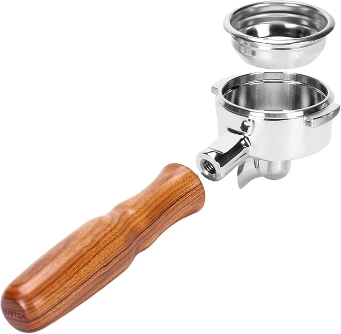 DIBTSA 58mm Espresso Portafilter Compatible with La Marzocco,Single Spout 2 Ears, 304 Stainless Steel Head and Filter Basket and Wood Handle,Espresso Machine Parts