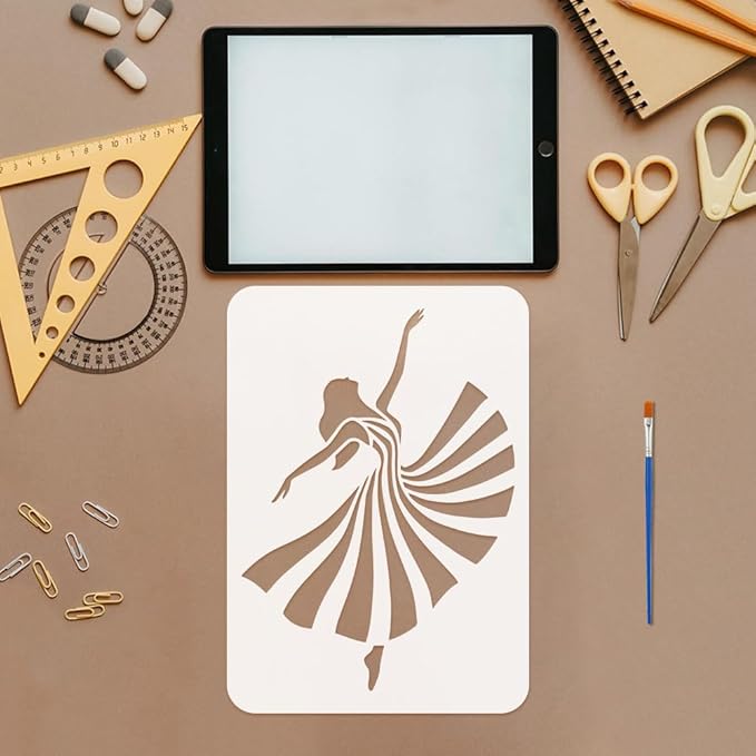 FINGERINSPIRE 4 Pcs Line Dance Figure Painting Stencil with Paintbrush 11.7x8.3inch Reusable Dancers Silhouette Stencil Reusable Plastic Template for Wood Wall Furniture Home Gift Decoration