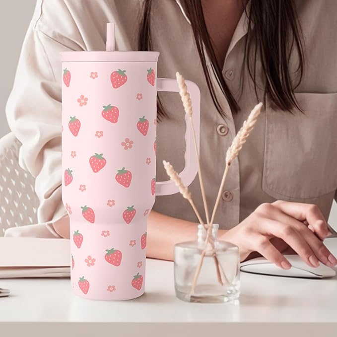 Strawberry Tumbler with Handle 40oz – Insulated Stainless Steel Travel Coffee Mug Cup for Girls Women, Gift for Christmas, Birthday