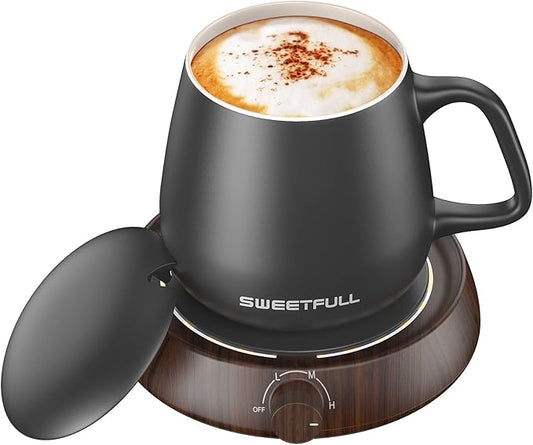 SWEETFULL Mug Warmer for Coffee and Tea Coffee Mug Warmer Set W/Mug and Lid Coffee Warmer As Coffee Gifts for Desk Office Coffee Lovers. （20W Cup Warmer Candle Warmer Auto Shut Off） (Wood Grain)
