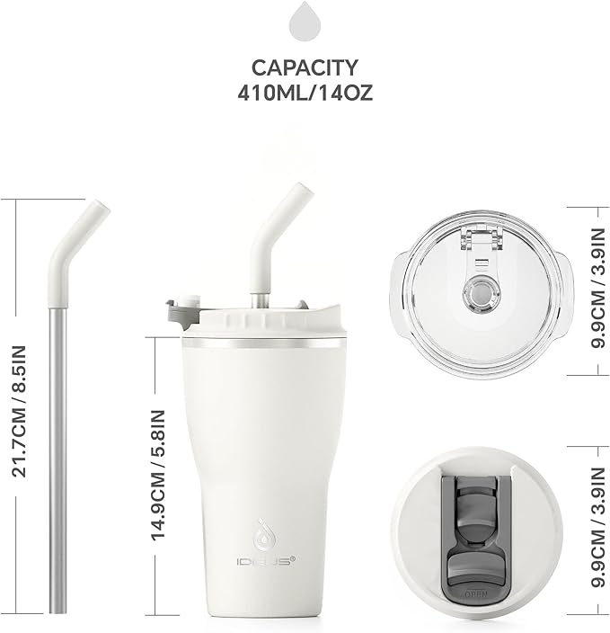 Ideus Insulated Tumbler with Lid and Straw 14 oz, Stainless Steel Double-Wall Vacuum Leak-Proof Travel Coffee Mug, Cup Holder Friendly, White