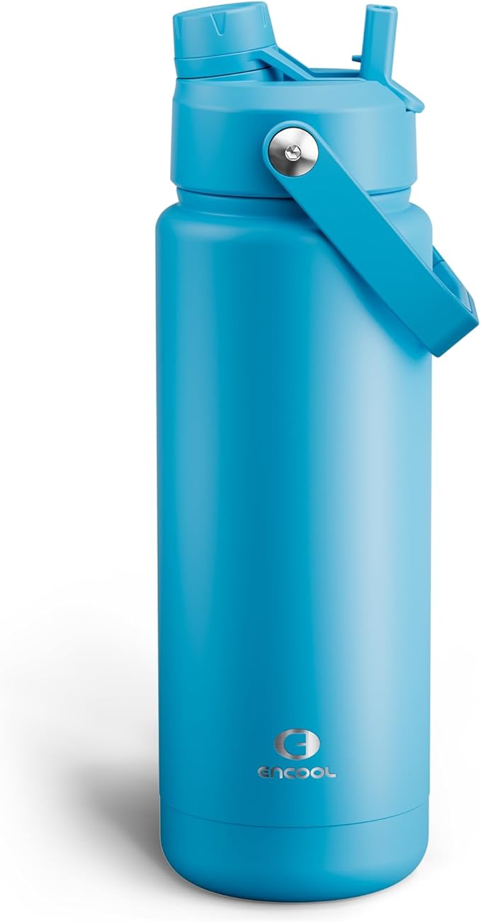 ENCOOL Insulated Water Bottle with Straw Stainless Steel Water Bottle, Leak-Proof, BPA-Free, Double Wall Vacuum Keeps Cold for 24 Hours for Sports, Travel, School (32 oz, Azure Blue)