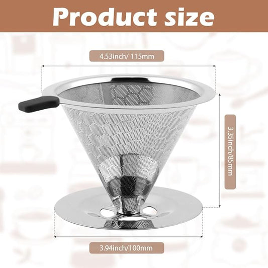 Pour Over Coffee Dripper, Double Mesh Coffee Filte-r Paperless Coffe-e Strainer Reusable Coffe-e Maker Dripper with Stand and Cleaning Brush(COLOR:Silver)