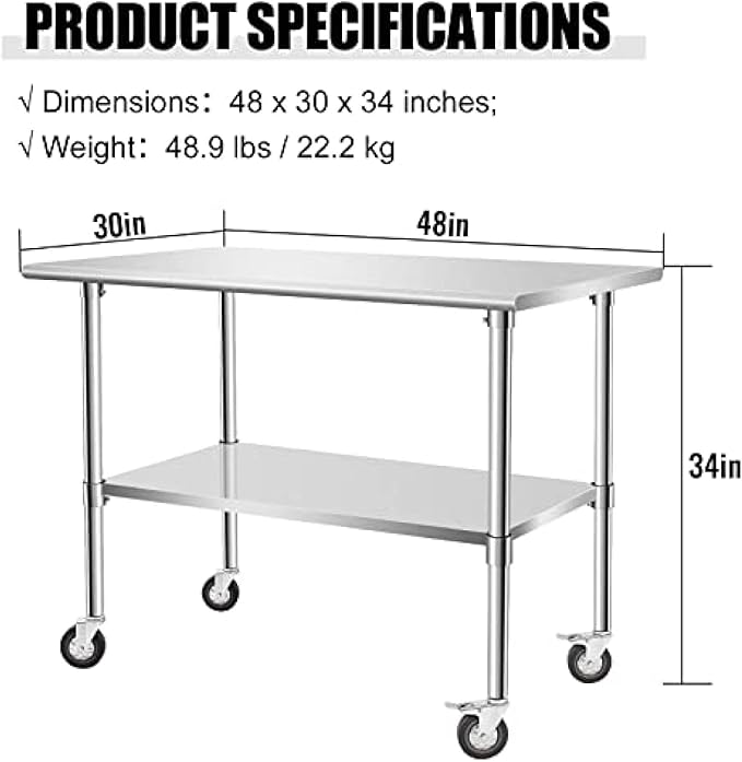 Stainless Steel Table - Metal Table Cart - Commercial Workbench with Caster Wheel - NSF Certified - for Restaurant, Warehouse, Home, Kitchen, Garage,48''x30''