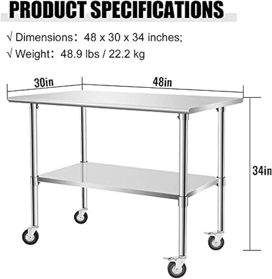 Stainless Steel Table - Metal Table Cart - Commercial Workbench with Caster Wheel - NSF Certified - for Restaurant, Warehouse, Home, Kitchen, Garage,48''x30''