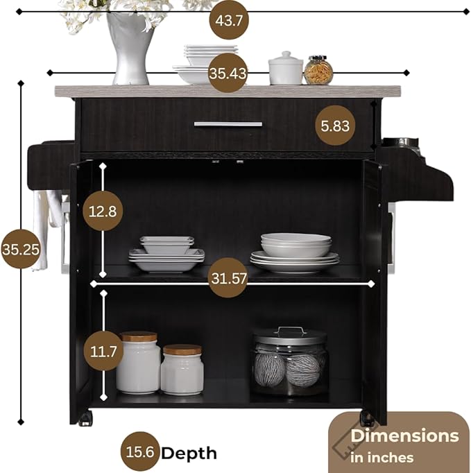 Hodedah Rolling Wood Kitchen Island Cart with Spice Rack, Towel Rack, Utensil Drawer plus Cabinet, White with Beech Top