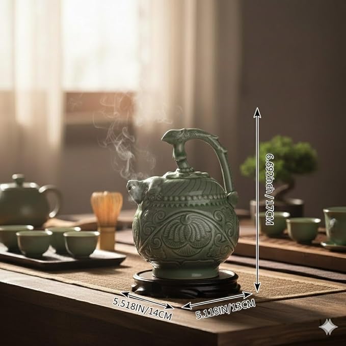 Celadon Inverted Flow Teapot - Handcrafted Chinese Traditional Ceramic Tea Pot with Intricate Carvings, Collectible Art Piece & Functional Teaware