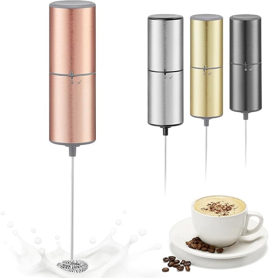 Battery Operated Coffee Frother by ELMWAY, Stainless Steel Electric Whisk, Mini Milk Frother Handled for Coffee, Latte, Matcha and Protein Powder (Rose Gold without Stand)