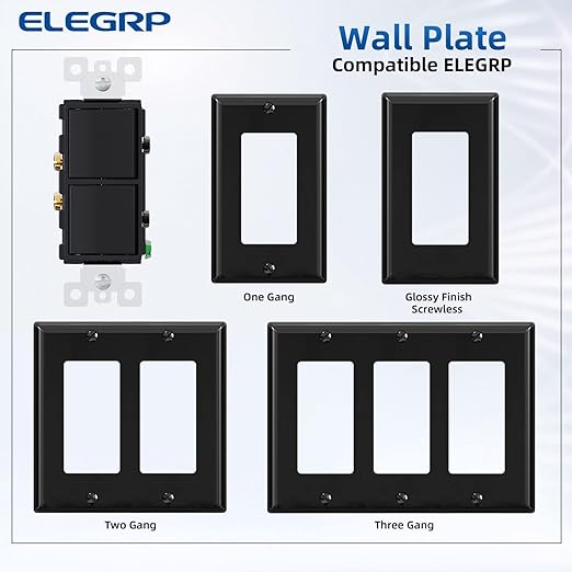 ELEGRP Decorator Double Rocker Light Switch, Two Single Pole Electrical Paddle, 15A 120V, In-Wall On/Off, Self-grounding, With Screwless Wall Plate, UL Listed (1 Pack, Glossy Black)