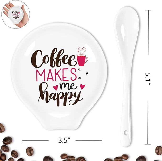 Funny Coffee Quote Colored Pattern Ceramic Coffee Spoon Holder-Coffee Spoon Rest -Coffee Station Decor Coffee Bar Accessories-Coffee Lovers Gift for Women and Men (Coffee Makes Me Happy)