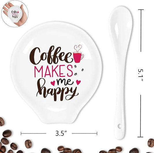 Funny Coffee Quote Colored Pattern Ceramic Coffee Spoon Holder-Coffee Spoon Rest -Coffee Station Decor Coffee Bar Accessories-Coffee Lovers Gift for Women and Men (Coffee Makes Me Happy)