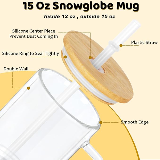 15 Oz Pre-Drilled Glass Snow Globe Tumbler with Handle, 6 Pack Double Wall Snowglobe Cup Coffee Mug For Snow Globe Diy Glitter, Clear