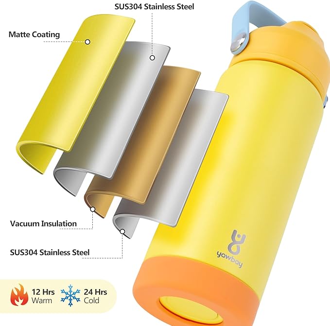 18oz Kids Insulated Water Bottle with Straw Lid & Silicone Handle,Kids Leak Proof Water Bottle for School Boys Girls,Double Wall Vacuum Stainless Steel with Non-slip Silicone Base(Yellow)