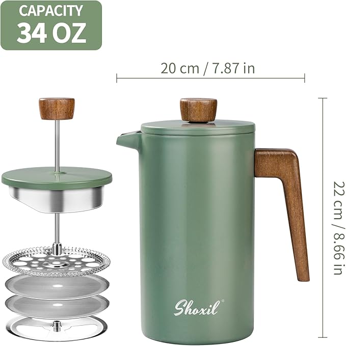 French Press Coffee Maker, 34oz Stainless Steel Green Coffee Press Real Wood Handle, Double Wall Insulated French Coffee Press with Dual-Filter Screen, Perfect for Camping & Kitchen Use