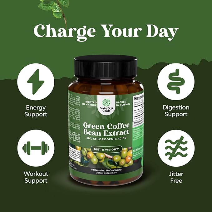 Bundle of Pure Green Coffee Bean Extract for Antioxidant Heart Health Mental Focus and Size Reduction and Cleanse and Detox Activated Charcoal Capsules for Bloating Relief and Body Detox Cleanse